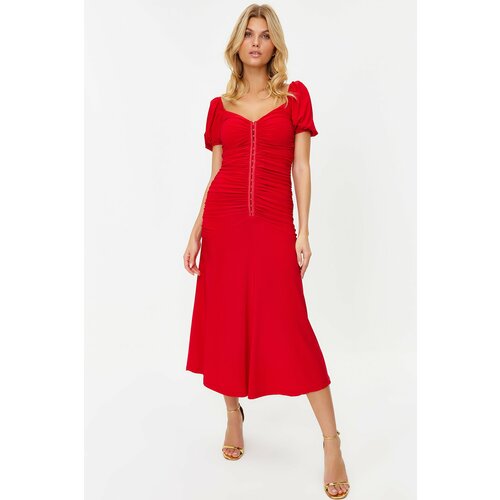 Trendyol Red Fitted Knitted Sling Stylish Evening Dress Slike