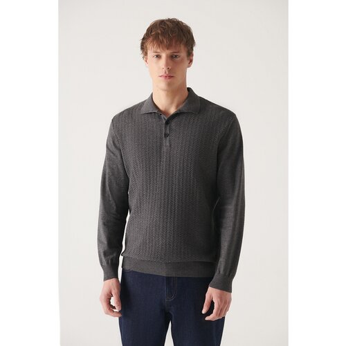 Avva Men's Anthracite Polo Neck Herringbone Patterned Cotton Standard Fit Regular Cut Knitwear Sweater Cene