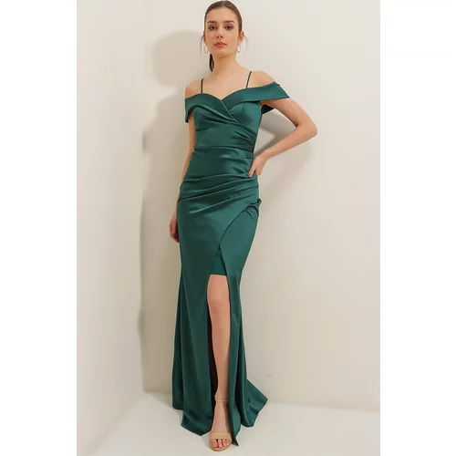 By Saygı Boat Neck Skirt Pleated Lined Long Dress In Satin Emerald