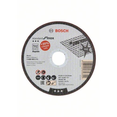 Bosch rezna ploča ravna standard for Inox - rapido WA 60 T BF, 125 mm, 22,23 mm, 1,0 mm ( 2608603171 ) Slike