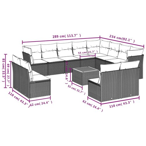  13-dijelni set vrtnih sofa s jastucima poliratan crni Slike