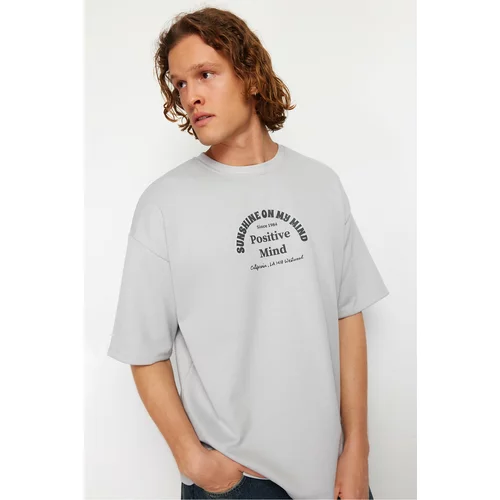 Trendyol Gray Men's Oversize/Wide Cut Text Printed Thick T-Shirt
