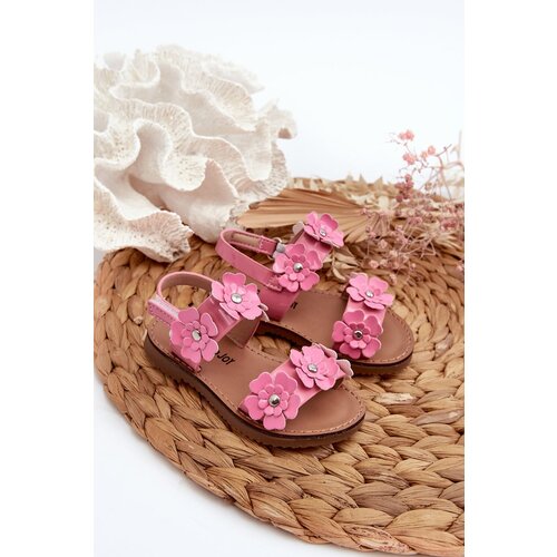 FR1 Pink Patent Leather Children&amp;#039;s Sandals Adorned with Flowers Tinette Slike