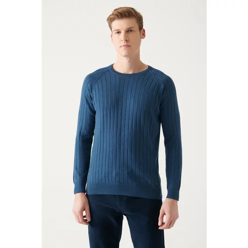 Avva Men's Indigo Crew Neck Jacquard Slim Fit Slim Fit Knitwear Sweater