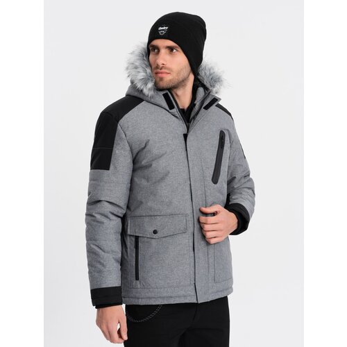 Ombre Men&amp;#039;s winter jacket with adjustable hood with detachable fur - grey and black Slike