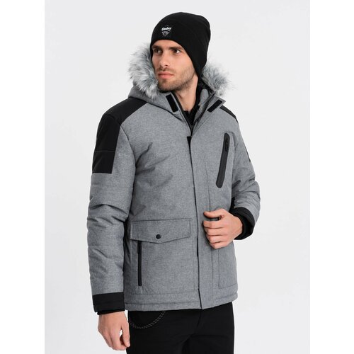 Ombre Men's winter jacket with adjustable hood with detachable fur - grey and black Cene