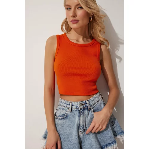 Happiness İstanbul Women's Light Orange Halterneck Crop Knitted Blouse