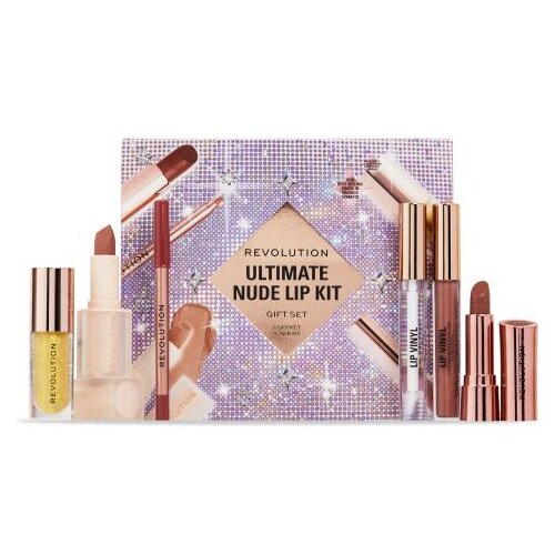 Revolution Ultimate Nude Lip Kit set: šminka Satin Kiss 3,2 g Chauffeur Nude + šminka Lip Allure Soft Satin 3,2 g Chauffeur Nude + glos za ustnice Vinyl Lipgloss 2,5 ml Chauffeur Nude + glos za ustnice Vinyl Lipgloss 2,5 ml Clear + glos za ustnice Shimmer Bomb 4,5 ml Light Catcher + črtalo za ustnice Satin Kiss 1 g Chauffeur Nude Cene
