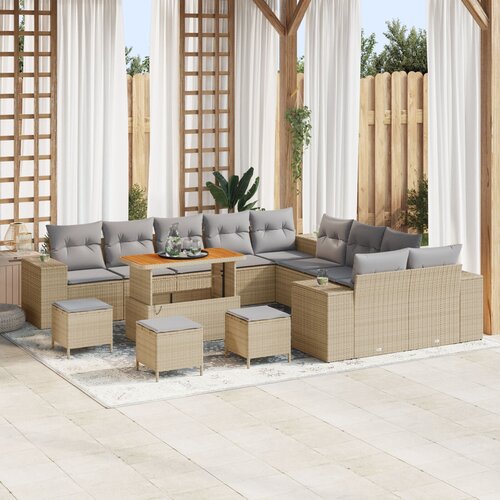 vidaXL 14-dijelni Vrtni Sofa Set s Jastucima Bež Poli Ratan Akacija, 4-dijelni Vrtni Sto Set s Jastucima Bež Poli Ratan Akacija Cijene