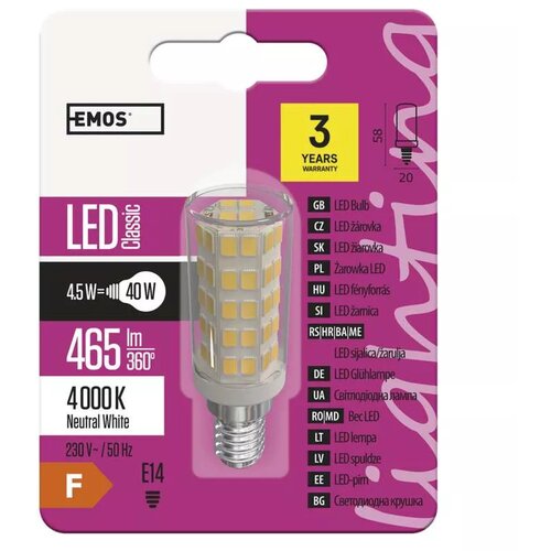 Emos LED žarnica classic JC A++, 4.5W, E14, nevtralna bela ZQ9141 Slike