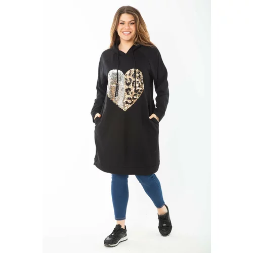 Şans Women's Plus Size Black Inner Raising Sequin Detail Hooded Long Swaetshirt
