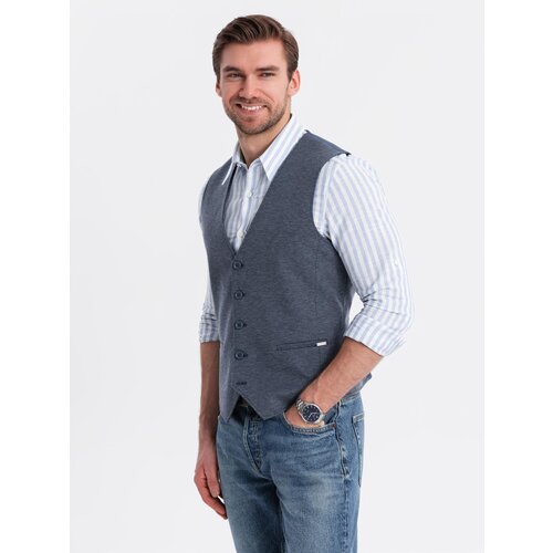 Ombre Fitted elegant men's structured knit vest - navy blue Cijene