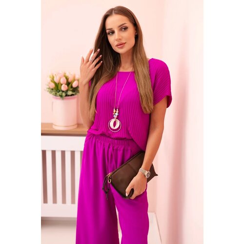 Kesi Włoski Viscose set pleated blouse + trousers dark purple Cene