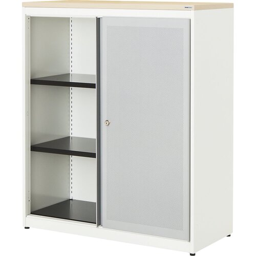 mauser Omara z drsnimi vrati, akustični učinek, plošča iz umetne mase, VxŠxG 1180 x 1000 x 432 mm, 2 polici, čista bela / aluminijasto siva / javor Cene