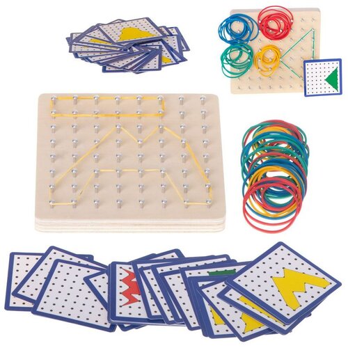 Montessori drvena slagalica Geoboard s gumicama i karticama Cene