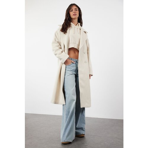 Trendyol Ecru Oversize Wide Cut Long Wool Cashmere Coat Cene
