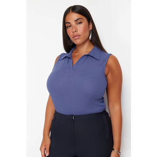 Trendyol Curve Blue Fitted Polo Neck Stretchy Knitted Blouse