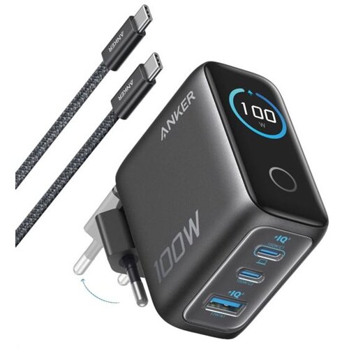 Anker Kućni punjač GaN 100W, Display, 2xUSB-C, 1xUSB-A,ActiveShield 4.0 , USB-C/USB-C kabel, Black, B121BG41 Slike