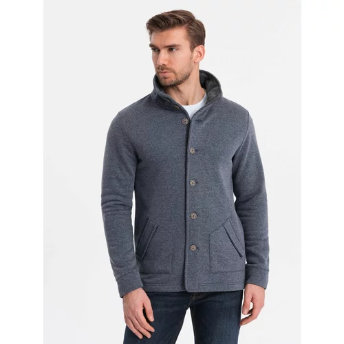 Ombre Men's casual sweatshirt with button-down collar - navy blue melange