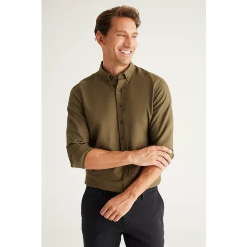 Altinyildiz classics Men's Khaki Buttoned Collar Cotton Slim Fit Slim Fit Oxford Shirt.