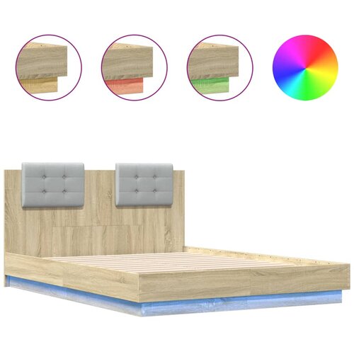 Maison Chic Posteljni okvir - Dvoposteljna postelja - Zakonska postelja z vzglavjem in LED sonoma hrast 135x190 cm, (21697274) Slike