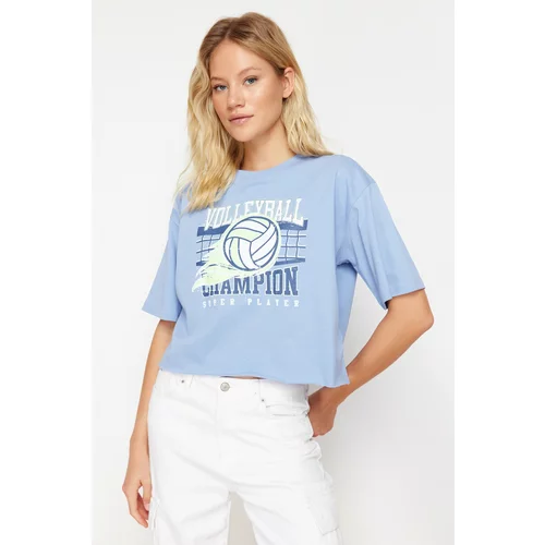 Trendyol Blue Relaxed/Comfortable Pattern Printed Crew Neck Crop Knitted T-Shirt