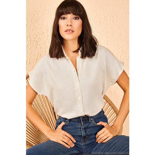 Bianco Lucci Women&amp;#039;s Beige Patterned Bat Sleeve Linen Shirt Slike