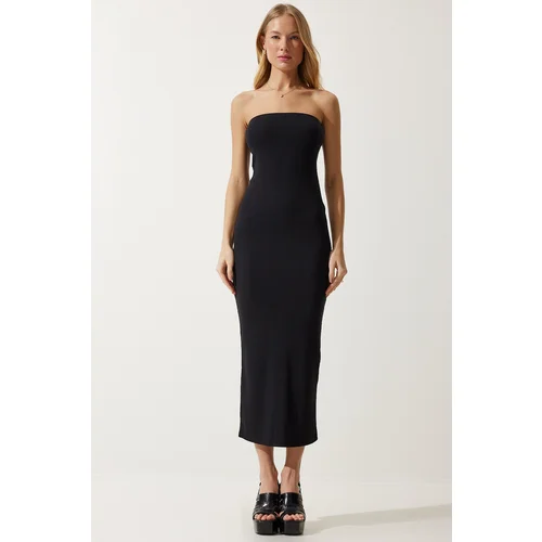  Women's Black Strapless Slit Wrap Knitted Dress