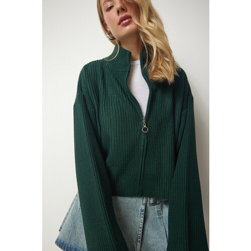 Happiness İstanbul Women's Emerald Green Zippered Knitwear Cardigan Slike