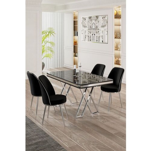 Hanah home vals - black marble, chrome, black black marblechromeblack dining table & chairs set (5 pieces) Cene