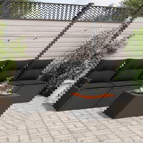 vidaXL Set od 5 dijelova vrtnog namještaja s jastucima crni poli ratan akacija, 2-sjedalna vrtna sofa s pohranom i jastucima crni poli ratan Cene