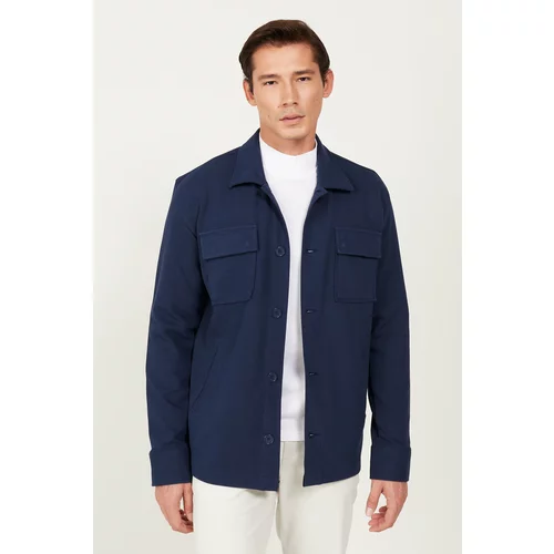 AC&Co / Altınyıldız Classics Men's Navy Blue Oversize Fit Wide Cut Classic Collar Cotton Patterned Shirt Jacket