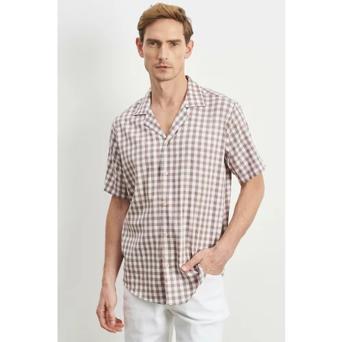 Altinyildiz classics Men's White-beige Comfort Fit Comfy Cut Monocollar Checked Short Sleeved Casual Shirt.