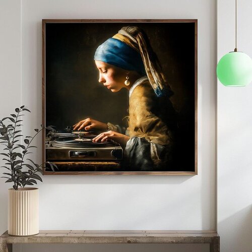 Wallxpert uramljena mdf slika DOS058-70, parodija devojke sa bisernom minđušom za gramofonom, 70 x 70 cm Cene