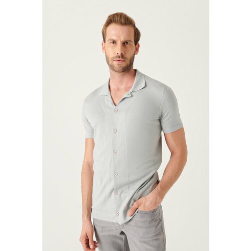 Avva Men's Gray Cuban Collar Buttoned Standard Fit Normal Cut Knitwear T-shirt Slike