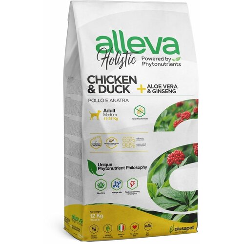 Alleva holistic dog adult chicken & duck + aloe vera & ginseng medium - 12 kg Cene