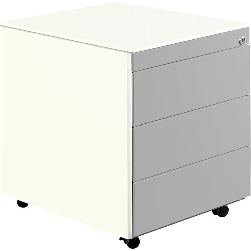 mauser Predalnik s kolesi, VxG 570 x 600 mm, jeklena plošča, 3 predali, čista bela / bela aluminijasta Cene