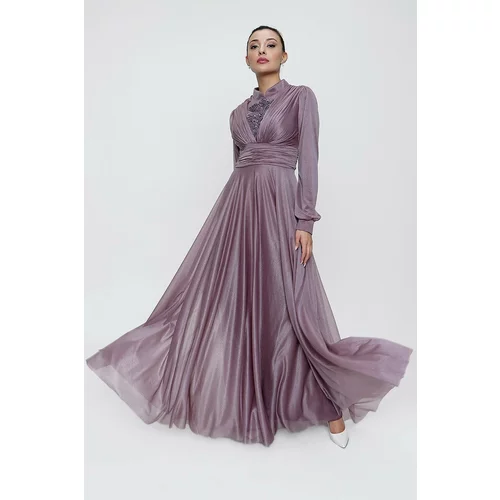 By Saygı Embroidered Front Pleat Lined Glittery Long Dress Purple