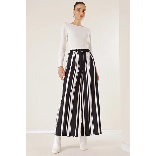 By Saygı Belted Waist Longitudinal Thick Striped Palazzo Trousers with Side Pockets