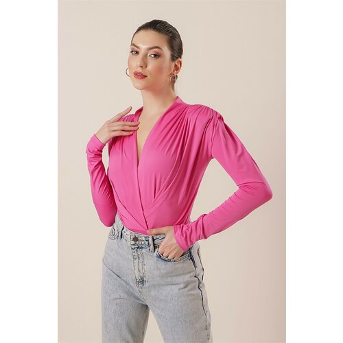 By Saygı Double-breasted Collar Blouse with Pleats and Snap Snap Off the Shoulder Pink Slike