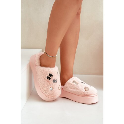 FK1 Women&amp;#039;s Furry Slippers On Thick Sole With Pins Pink Zintoria Slike