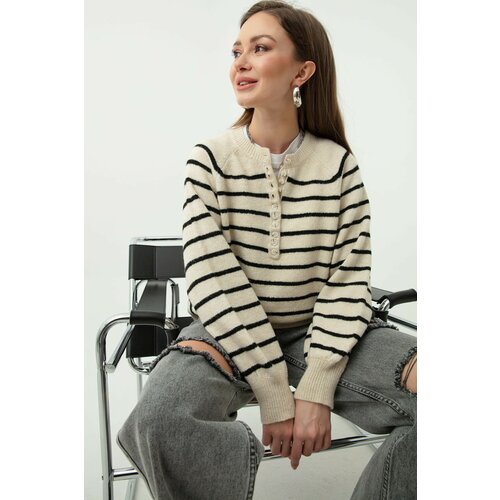 Lafaba Women's Ecru Buttonhole Turtleneck Striped Knitwear Sweater Slike