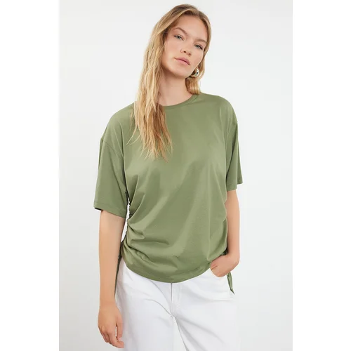 Trendyol Khaki 100% Cotton Back and Front Printed Oversize/Relaxed Cut Knitted T-Shirt