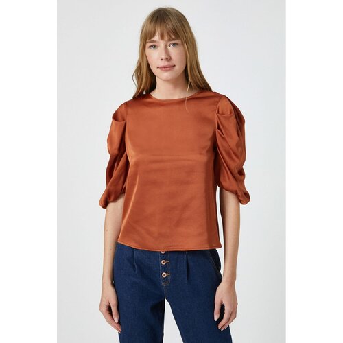 Koton Women&amp;#039;s Red Crew Neck Pleated Short Sleeve Blouse Slike