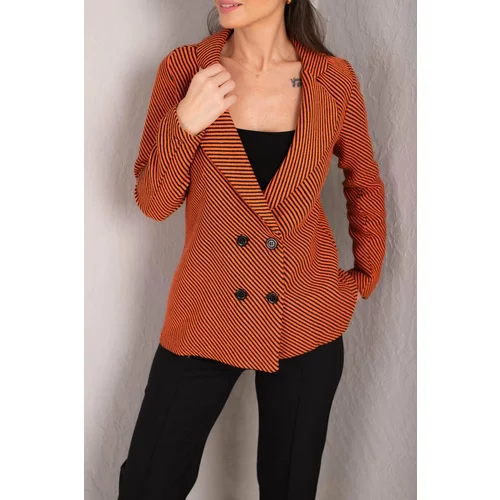 armonika Women's Orange Striped Patterned Four Button Cachet Jacket