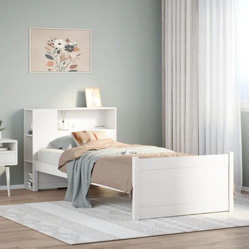 VidaXL Krevet s regalom za knjige bez madraca bijeli 90x200cm borovina Slike
