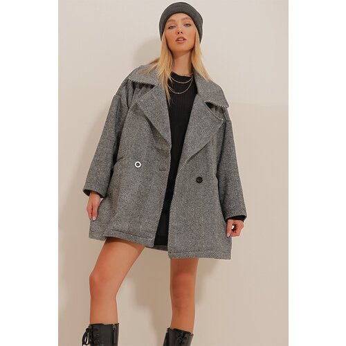 Trend Ala&amp;ccedil;atı Stili Women&amp;#039;s Black Double Breasted Collar Herringbone Patterned Coat with Pockets Slike