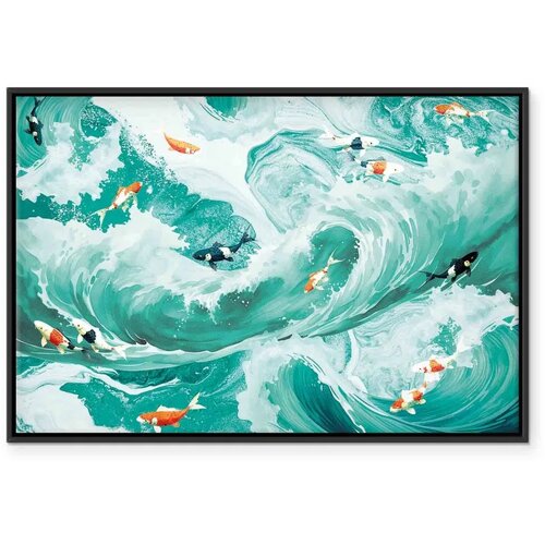  Slika - Fish and waves 90x60 U crnom drvenom okviru Cene
