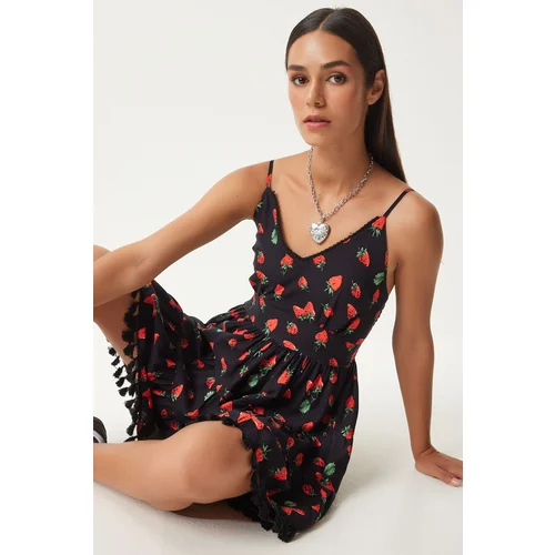 Happiness İstanbul Women's Red Black Patterned Strappy Summer Viscose Dress