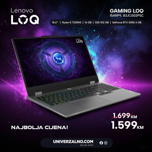 Lenovo Laptop LOQ 15ARP9 R5/16G/512SSD/RTX 3050 6G/15,6" FHD Cijene